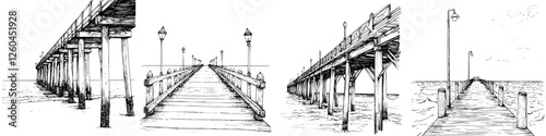 Hand-drawn vector illustration of wooden piers leading into the calm sea during a clear day