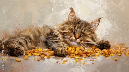Obraz na płótnie A fluffy tabby cat peacefully sleeping on scattered pet food, with an artistic touch of textured brushstrokes. Perfect for pet-themed art and cozy designs. AI generated. w salonie
