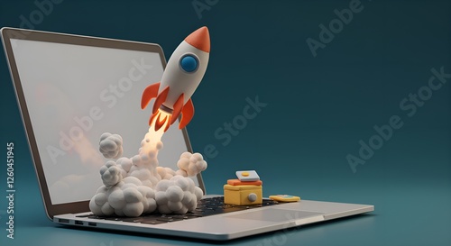 A soft, handcrafted claymation-style 3D rocket slowly lifts off from a laptop screen, with exaggerated clay smoke puffs