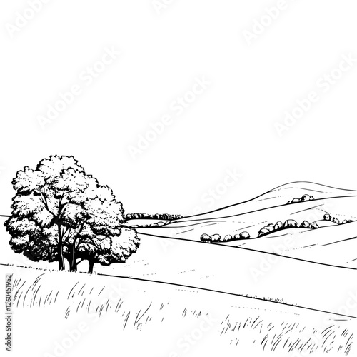 Hand-drawn vector illustration depicting a serene landscape with trees and rolling hills under a clear sky