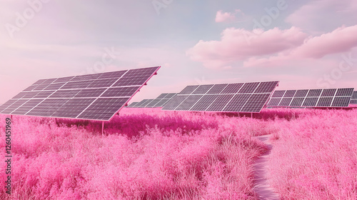 Pink solar panels in a dreamlike landscape