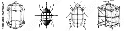 Vector illustration of hand-drawn cages and insects in an intricate and artistic style