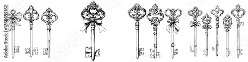 Elegant hand-drawn vector collection of vintage ornate keys with intricate designs and decorations suitable for various creative projects