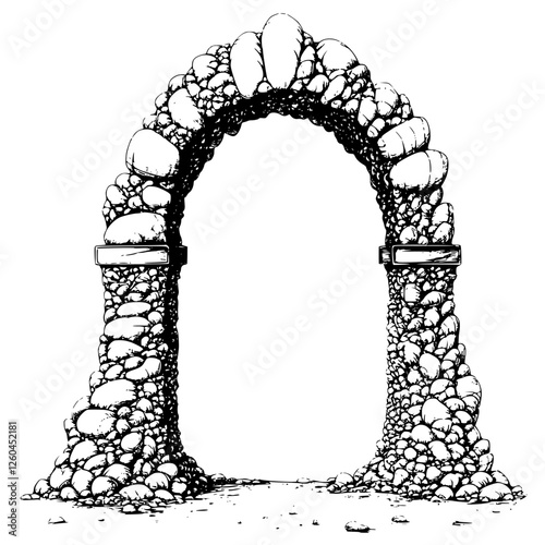 Vector illustration of a hand-drawn stone archway in a natural setting surrounded by greenery and sunlight