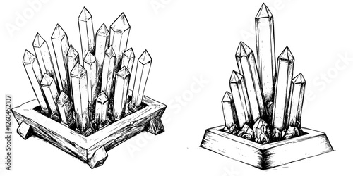 Hand-drawn vector illustration of a cluster of crystals in a decorative container with intricate details showcasing their unique shapes