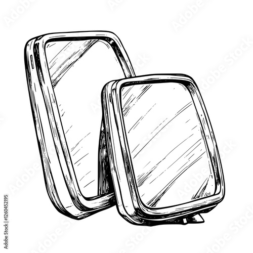 Hand-drawn vector illustration of two vintage mirrors showcasing reflections and wooden frames