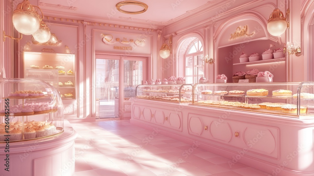 custom made wallpaper toronto digitalA dreamy pastel pink bakery shop with elegant pastry showcases and a warm, inviting glow.