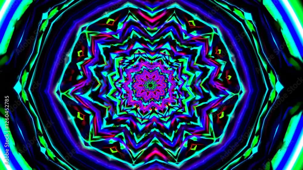 A vibrant kaleidoscope pattern with neon colors, captured from a top-down angle, resembling a psychedelic video effect.