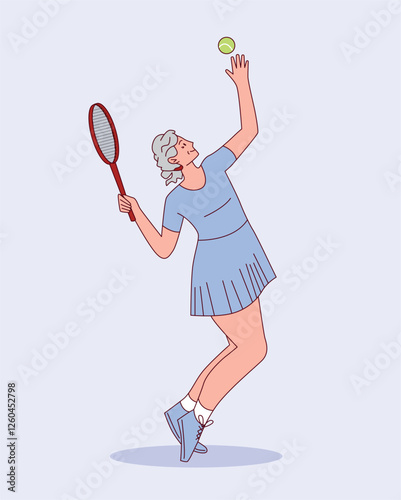 Elderly Active Woman Playing Tennis Holding Racket Hitting Ball. Senior Lady in Sportswear. Flat Cartoon Vector Illustration Isolated on Light Background.