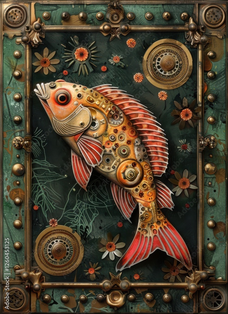 Fototapeta premium Artistic Fish Illustration with Steampunk Elements and Floral Details