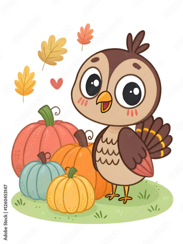 Obraz premium A cartoon owl with large eyes stands beside a pile of pumpkins and autumn leaves. 