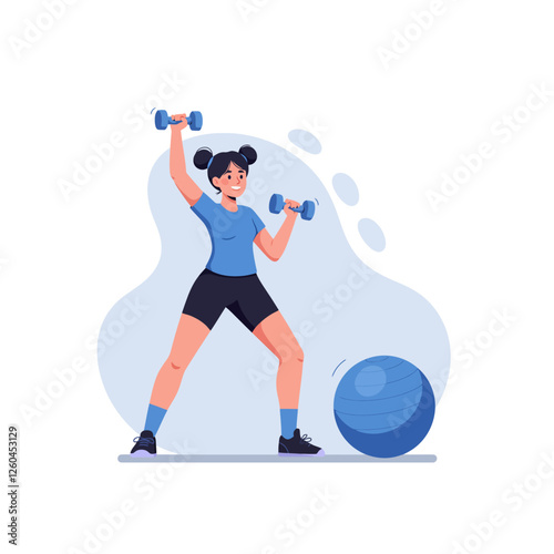 Woman Lifting Dumbbells with Exercise Ball for Fitness and Strength