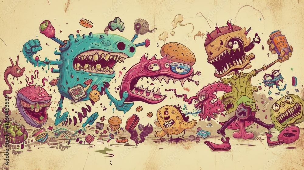 Hand-drawn colorful monsters interacting in a chaotic, surreal world filled with food items like burgers and fries. A bold and humorous design. AI generated.