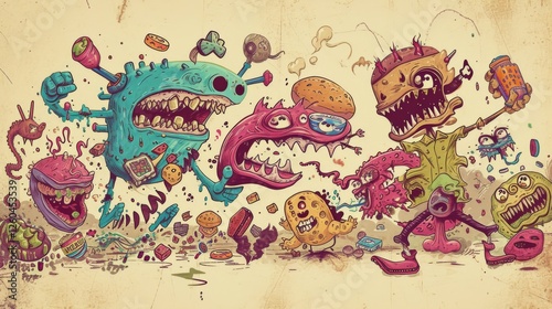 Obraz na płótnie Hand-drawn colorful monsters interacting in a chaotic, surreal world filled with food items like burgers and fries. A bold and humorous design. AI generated. w salonie
