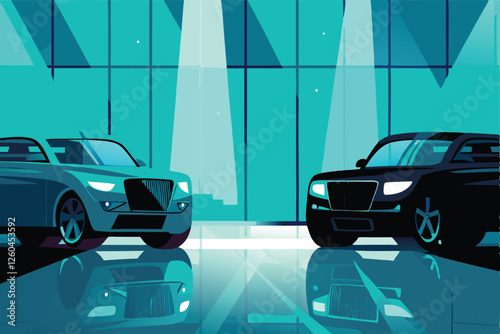 Luxurious car showroom interior; sleek, modern design; bright, architectural lighting; reflecting glass; polished floors; high-end vehicles displayed.
