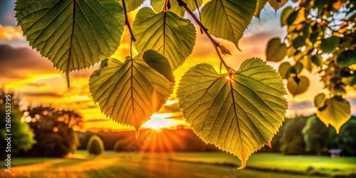 Sunset casts long shadows on linden leaves, creating a dramatic silhouette in the park. photo