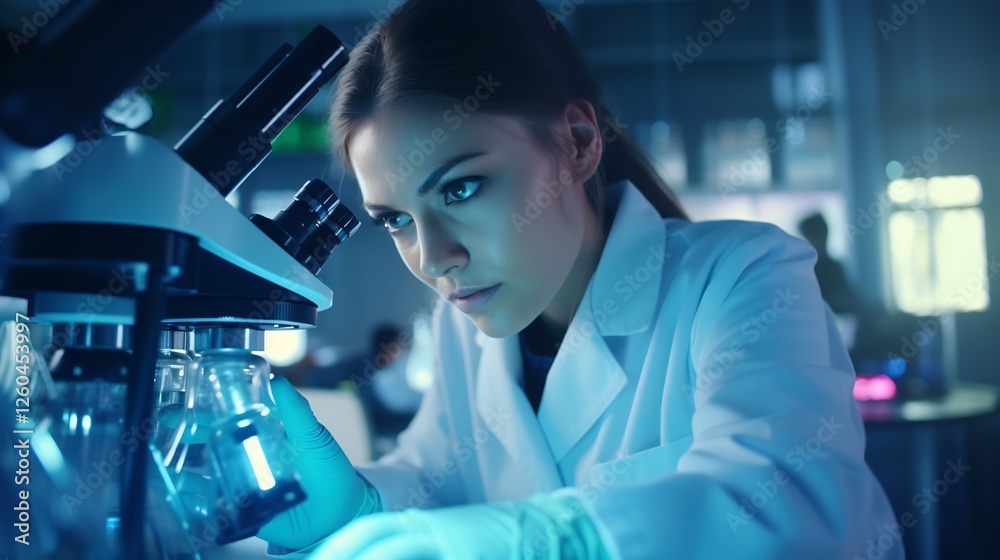 Focused Scientist Using a Microscope in a Modern Laboratory Focused Scientist Using a Microscope in a Modern Laboratory