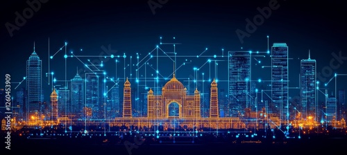 Fototapeta Naklejka Na Ścianę i Meble -  Networked Cityscape with Glowing Landmark Architecture, Representing Technology Convergence