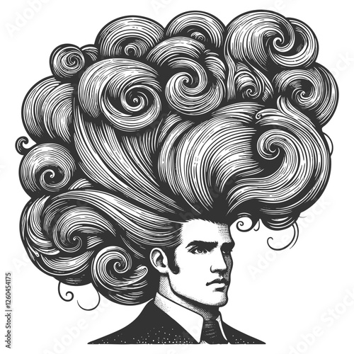 gentleman with an incredibly large, curly hairstyle, blending humor, surrealism, and vintage artistic style sketch engraving generative ai vector illustration. Scratch board. Black and white image.