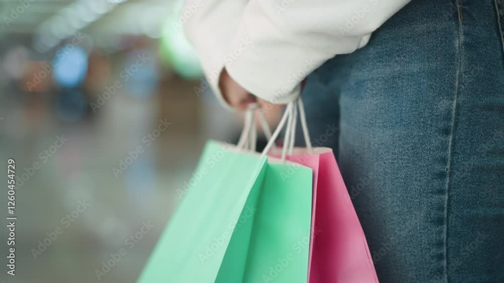 Close-up of woman in white sweatshirt and jeans standing indoors holding mint and pink shopping bags, making subtle hand movements around the bag handles, with a blurred mall background Close-up of woman in white sweatshirt and jeans standing indoors holding mint and pink shopping bags, making subtle hand movements around the bag handles, with a blurred mall background