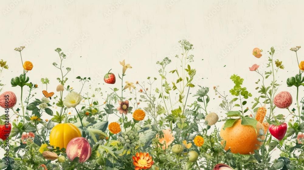 A vivid digital depiction of a lush meadow brimming with colorful fruits, flowers, and herbs against a light background, evoking a lively springtime feel. AI generated.