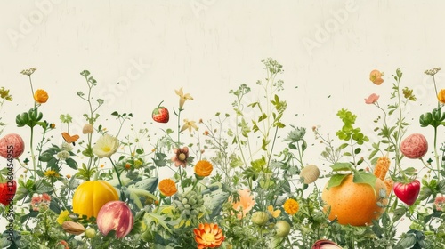 A vivid digital depiction of a lush meadow brimming with colorful fruits, flowers, and herbs against a light background, evoking a lively springtime feel. AI generated.