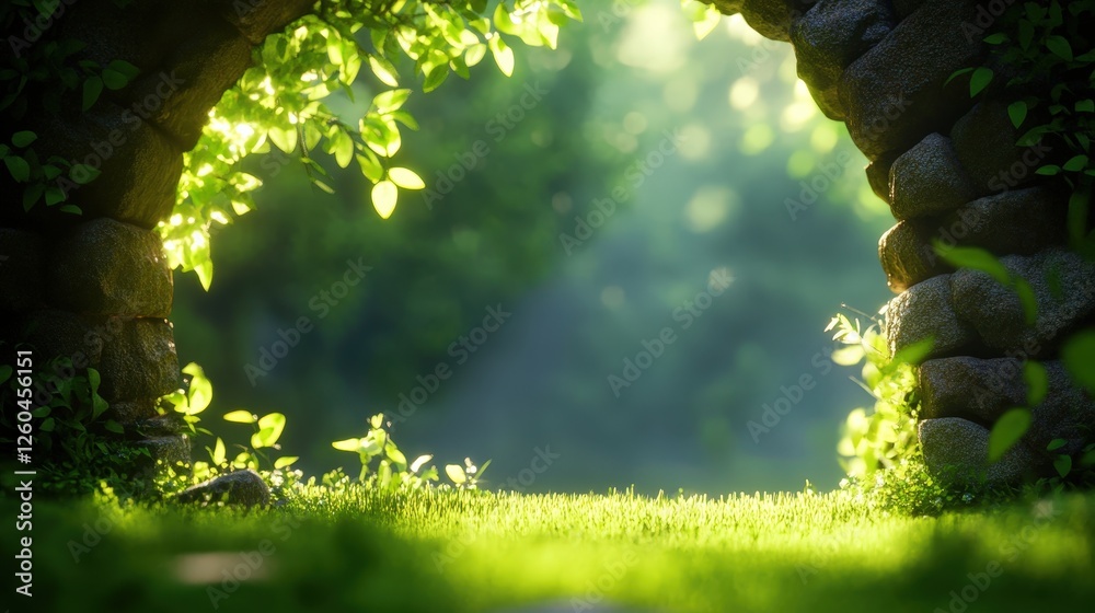 Fototapeta premium A serene view through a stone archway framed by lush greenery and soft light