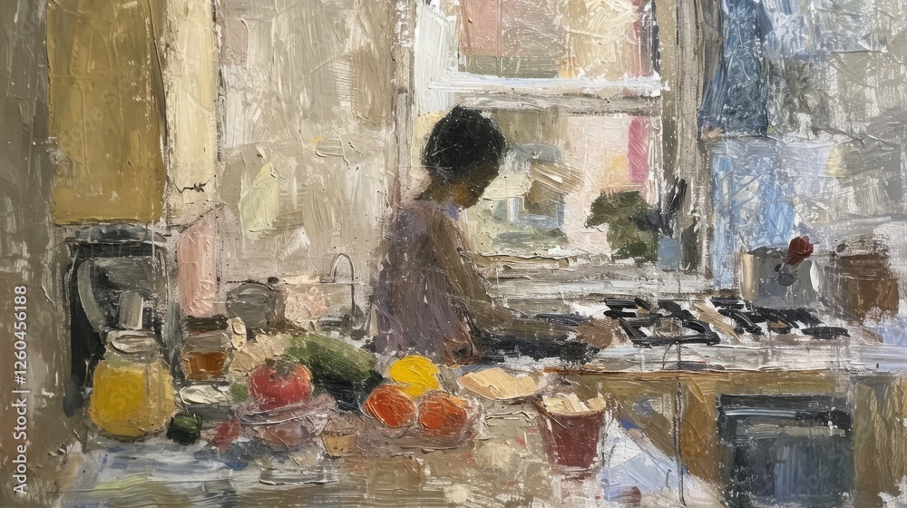 A serene depiction of a woman preparing breakfast in a sunlit kitchen surrounded by fresh ingredients. The soft brushstrokes evoke warmth and simplicity. AI generated.