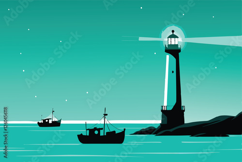 A minimalist illustration of a solitary lighthouse overlooking a calm, grey sea under a pale sky.  Emphasis on clean lines and muted tones.