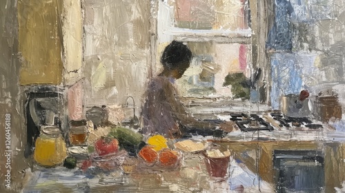 Obraz na płótnie A serene depiction of a woman preparing breakfast in a sunlit kitchen surrounded by fresh ingredients. The soft brushstrokes evoke warmth and simplicity. AI generated. w salonie