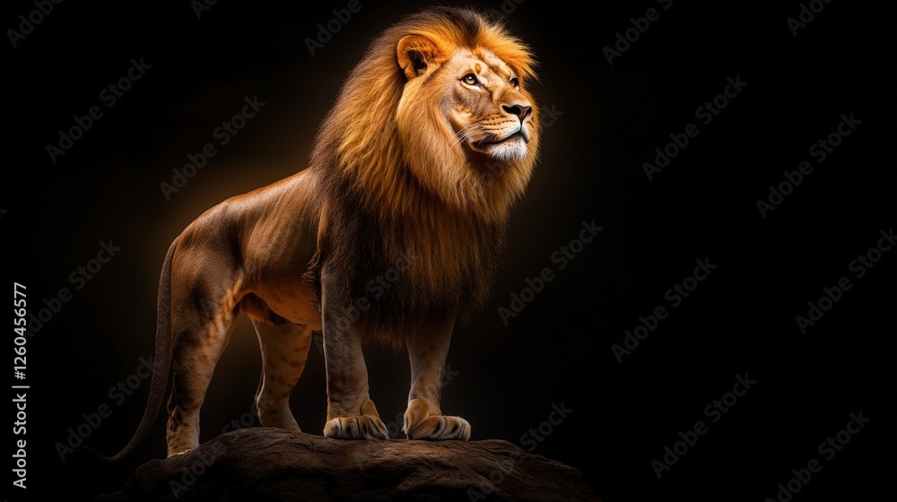 Obraz premium A majestic lion stands proudly on a rock, showcasing its powerful physique and striking mane. The image captures the essence of strength and beauty in the wild.