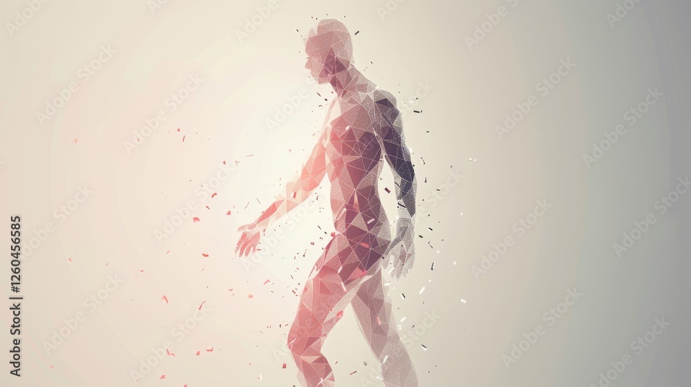 A fragmented human silhouette with intricate geometric shards in muted tones, presenting an abstract, dynamic, and contemporary artistic vibe. AI generated.