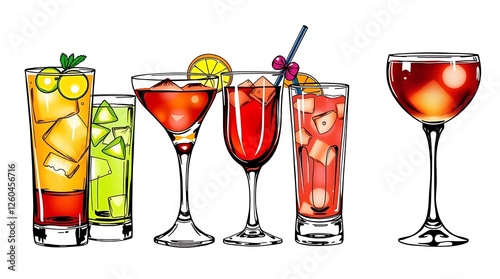 Set of classic alcohol cocktails isolated on white background
