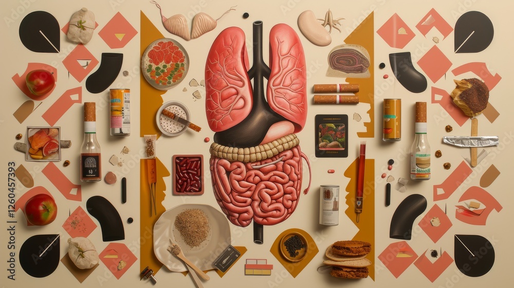 Artistic representation of lungs surrounded by food and health elements in a modern collage design. Ideal for wellness, nutrition, and medical projects. AI generated.
