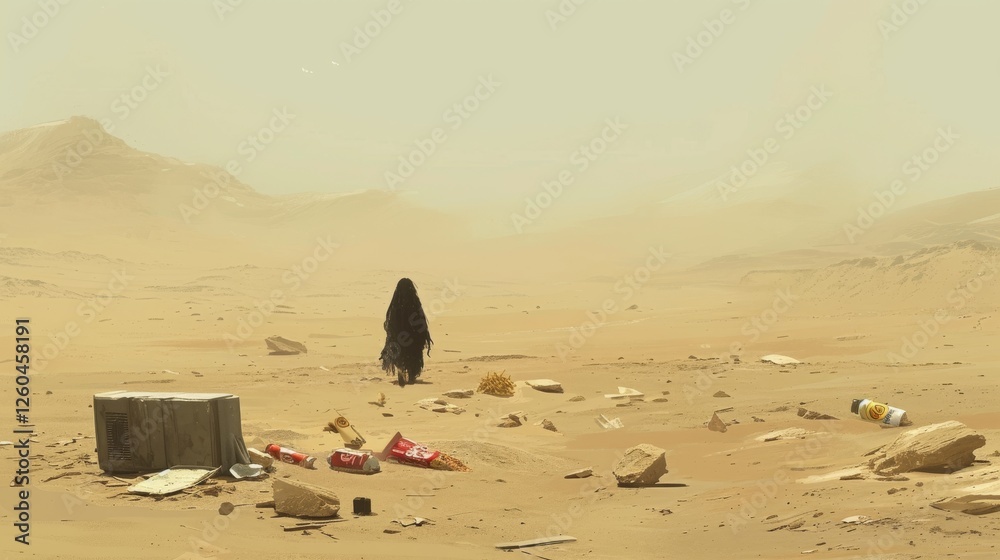 A cloaked figure strides across a desert filled with scattered debris, hinting at post-apocalyptic themes. The soft yellow tones create a desolate yet intriguing setting. AI generated.