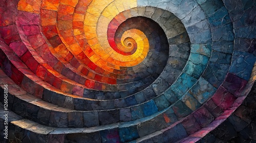 Vibrant Spiral Pattern: A mesmerizing swirl of colorful tiles creating a dynamic visual effect, perfect for modern design and artistic projects.