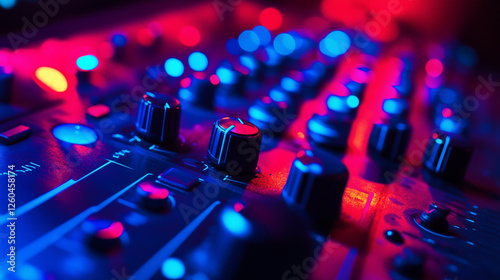A dimly lit professional recording studio, moody blue and red LED lights glowing off high-end audio equipment