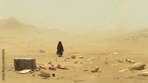 Obraz na płótnie A cloaked figure strides across a desert filled with scattered debris, hinting at post-apocalyptic themes. The soft yellow tones create a desolate yet intriguing setting. AI generated. w salonie