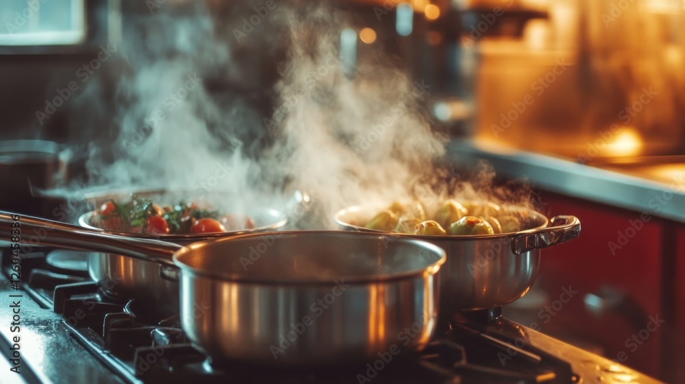 Steaming Pots on a Gas Stove: A Culinary Scene of Cooking in Progress Steaming Pots on a Gas Stove: A Culinary Scene of Cooking in Progress