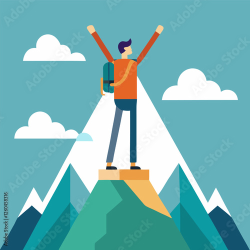 Successful Hiker Reaching the Mountain Peak – Adventure and Achievement Concept