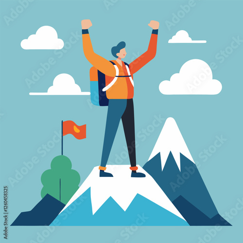 Successful Hiker Reaching the Mountain Peak – Adventure and Achievement Concept