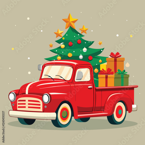 A vintage red pickup truck delivers Christmas cheer with a tree and gifts on a snowy day.