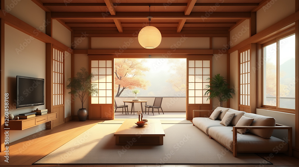 Fototapeta premium A Japanese-style living room with tatami mats, a low table, sliding panels, and minimalist decor