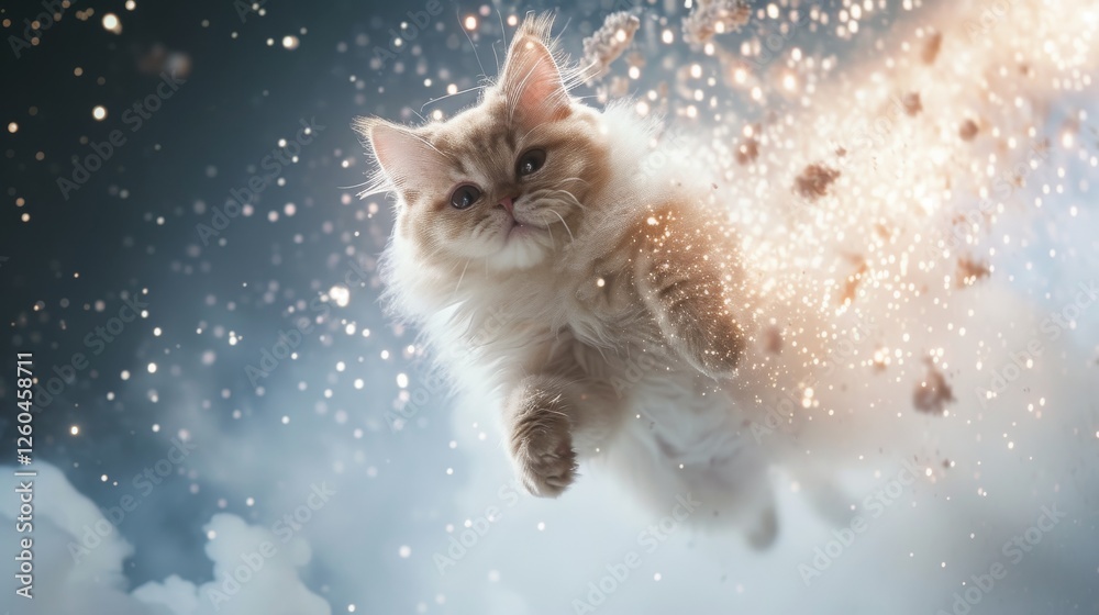 A fluffy cat leaps dynamically amidst glowing sparks and mist, exuding energy and excitement. A striking composition suited for action or fantasy concepts. AI generated.