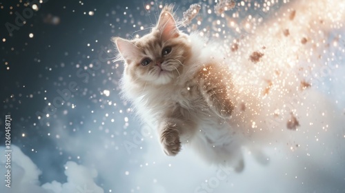 Obraz na płótnie A fluffy cat leaps dynamically amidst glowing sparks and mist, exuding energy and excitement. A striking composition suited for action or fantasy concepts. AI generated. w salonie