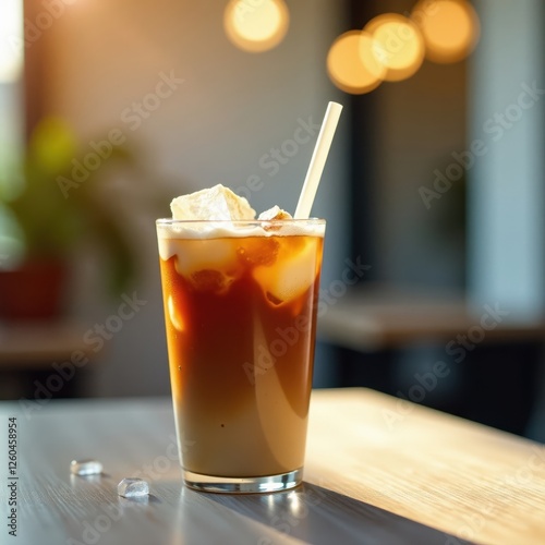 Iced coffee, straw, sunlit background, ice melting, photography, brown, liquid
