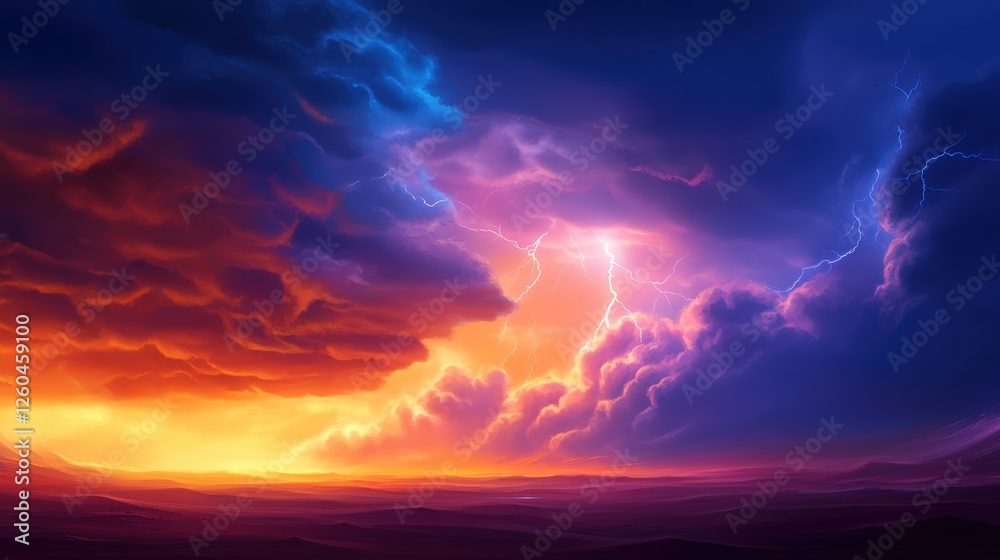 Fototapeta premium A breathtaking sunset displays vibrant hues of orange, purple, and blue, with striking lightning illuminating the clouds, creating a dramatic ambiance in the natural landscape.