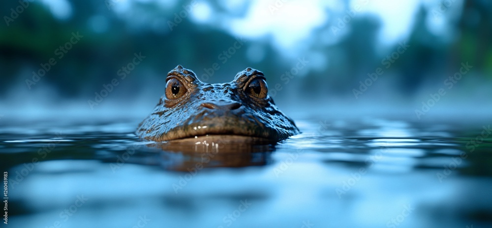 Caiman surfacing, jungle river, dawn mist. Wildlife documentary Caiman surfacing, jungle river, dawn mist. Wildlife documentary