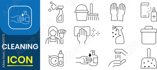 Cleaning icon set. Cleaning and hygiene icon. Washing, cleaning, laundry symbol collection. Cleaning service, housekeeping, Spray Bottle, hand wash, Scoop And Broom, hygiene. Vector illustration
