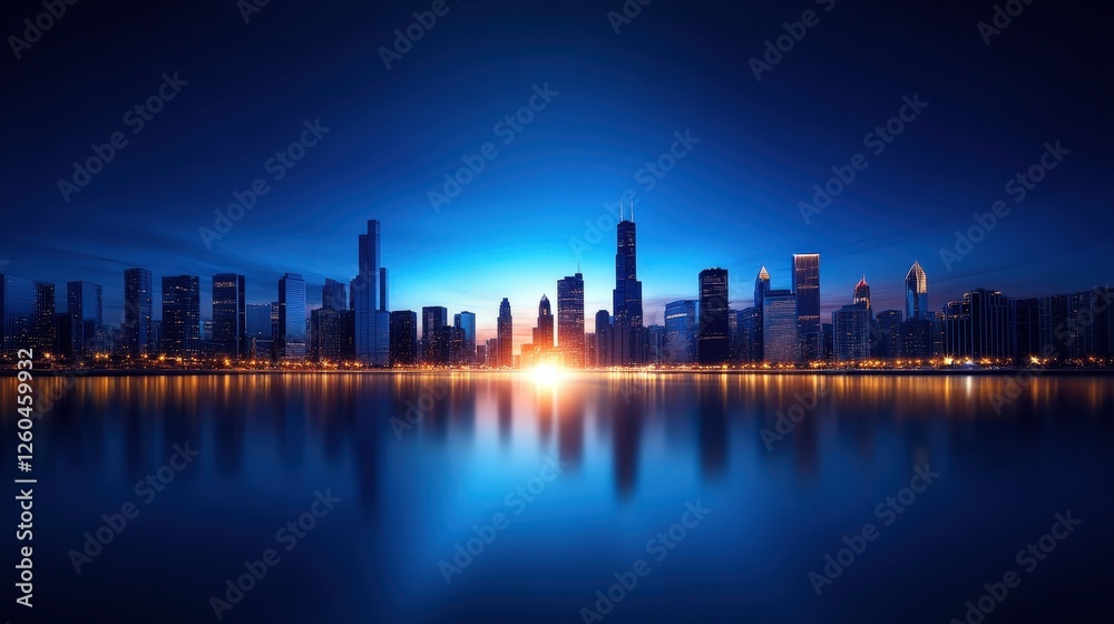 Obraz premium A stunning skyline at sunrise with modern skyscrapers reflecting in the calm water, showcasing urban beauty and architectural marvels against a vibrant blue backdrop.